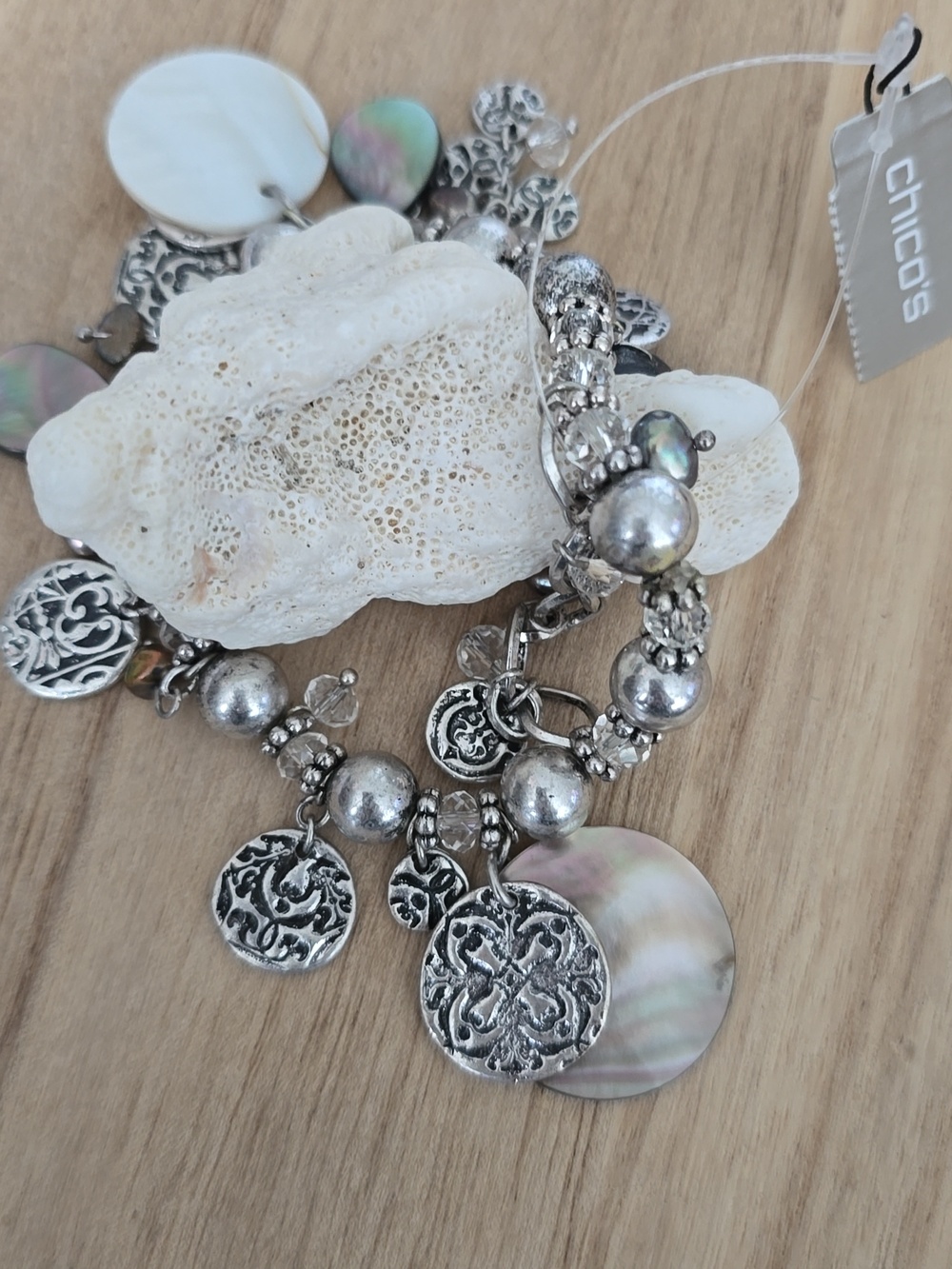 Chico's Silver-Tone Mother-of-Pearl Charm Stretch Bracelet - Picture 4 of 4